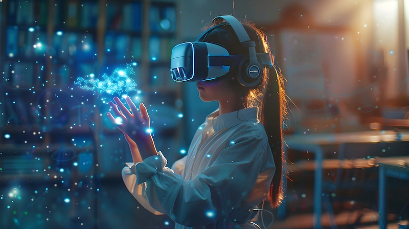 imagem de AI com menina usando um oculos de realidade virtual