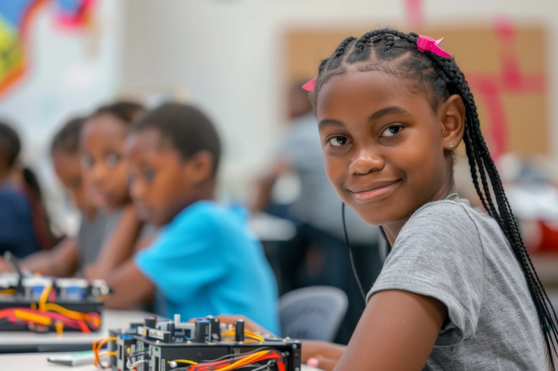 aluna sorrindo na aula de robotica