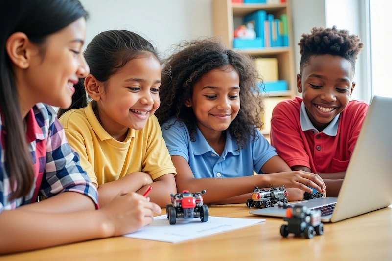 alunos na aula de programacao em atividade em grupo