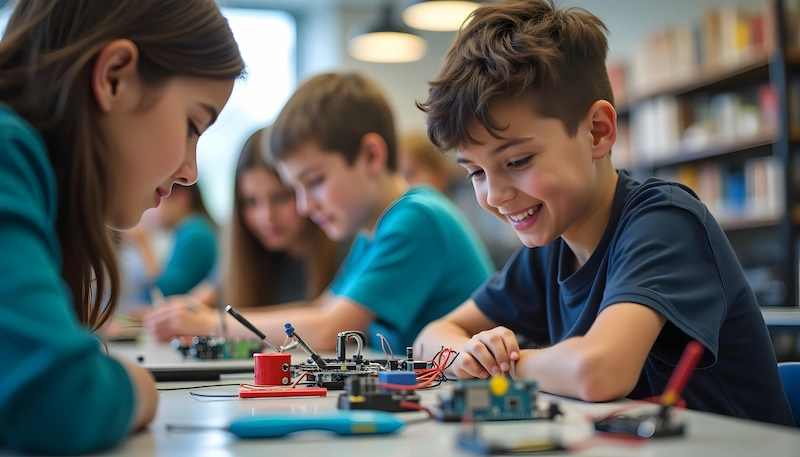 alunos em sala de aula na aula de robotica