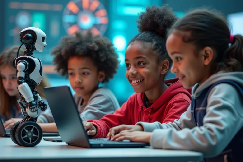 alunos em aula de robotica programando um robo