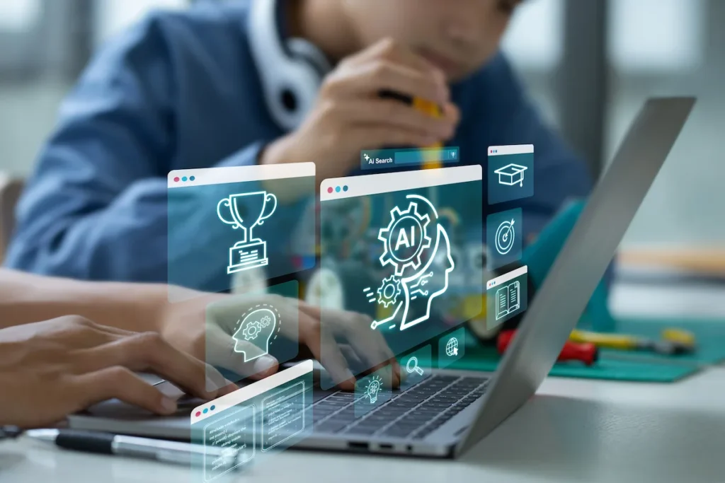 aluno utilizando computador com design visual